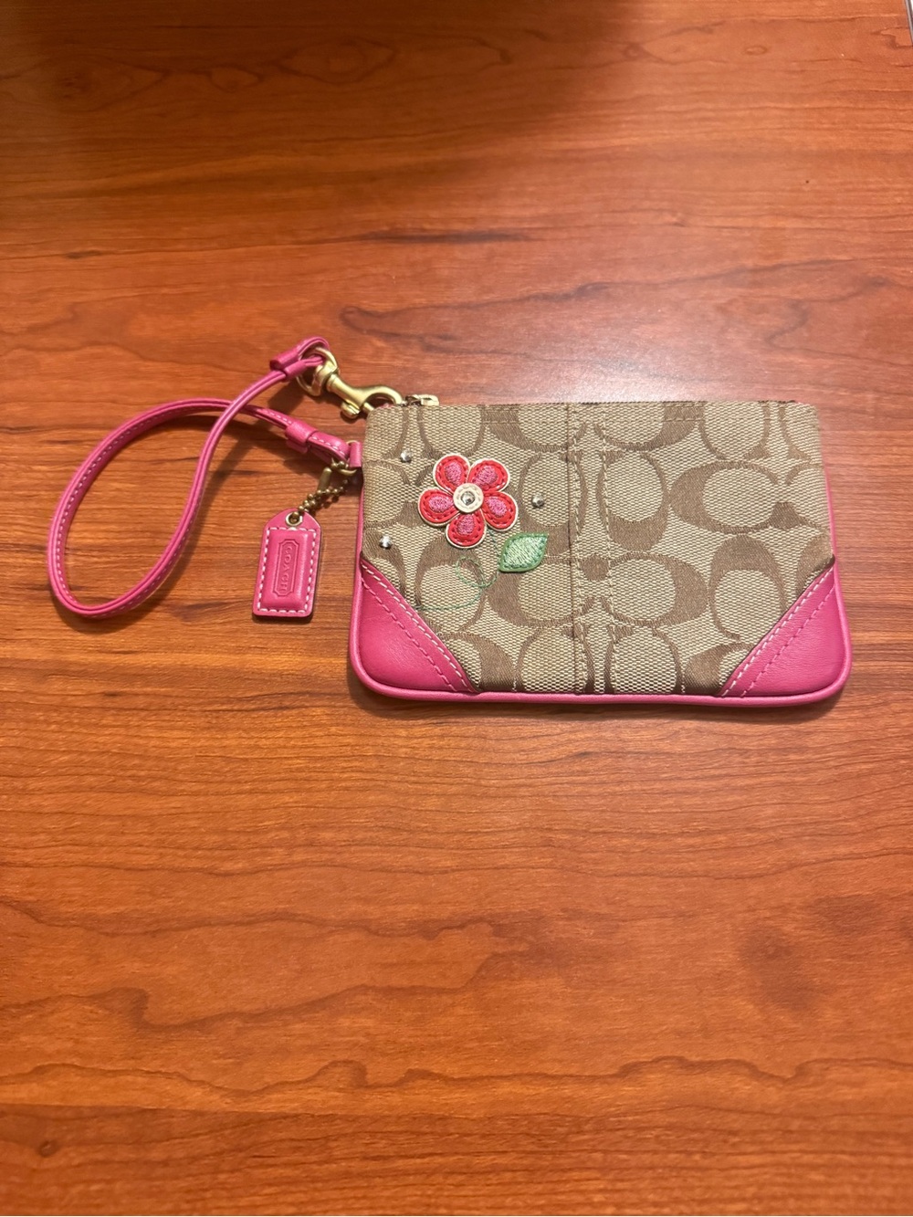 Coach Brown Signature Canvas Wristlet with Pink Trim and Floral Applique